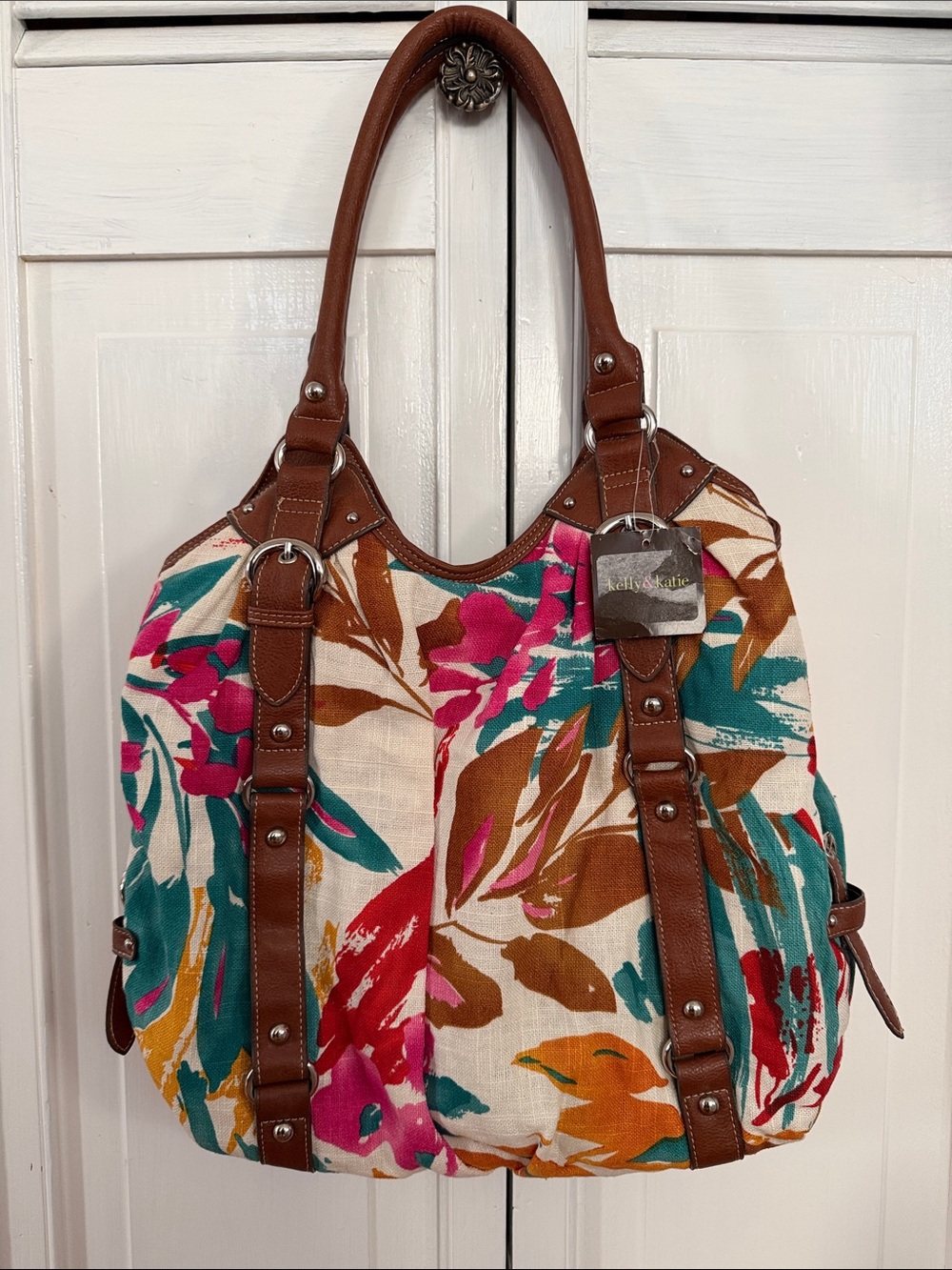 Kelly & Katie Floral Shoulder Bag with Brown Trim - Multicolor